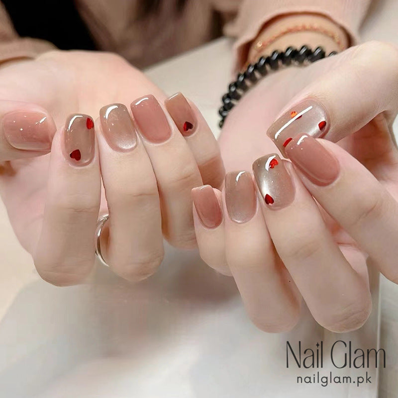 Nail Glam 63 - Delicate Red Heart Accent (24Pcs) - Nail Kit Included