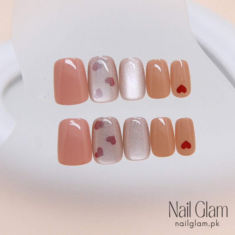 Nail Glam 63 - Delicate Red Heart Accent (24Pcs) - Nail Kit Included