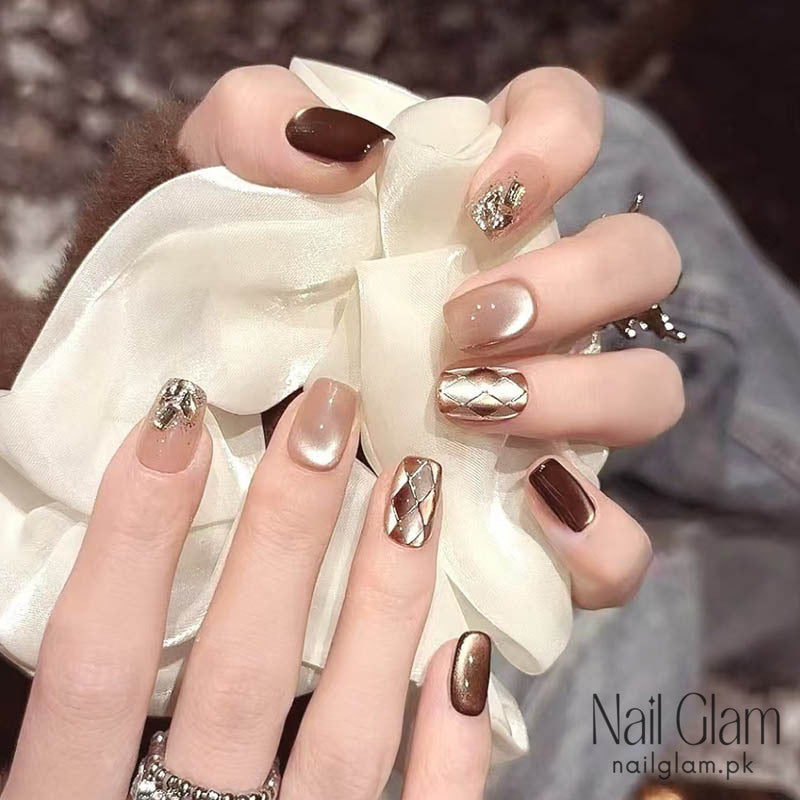 Coffee Ice Cat Eyes Press-On Nails (24Pcs) - Nail Kit Included