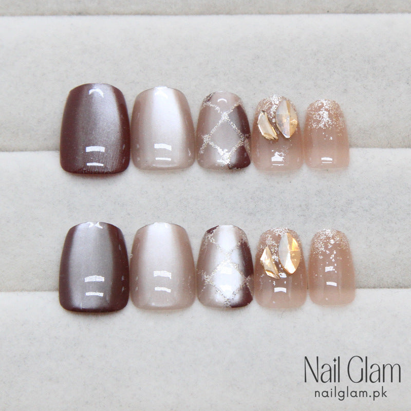 Coffee Ice Cat Eyes Press-On Nails (24Pcs) - Nail Kit Included
