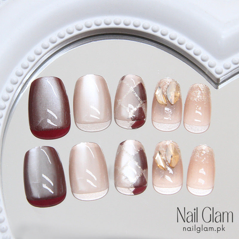 Nail Glam 101 - Coffee Ice Cat Eyes Press-On Nails (24Pcs) - Nail Kit Included