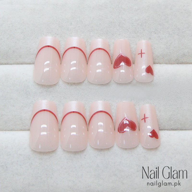 French Red Heart Press-On Nails (24Pcs) - Nail Kit Included