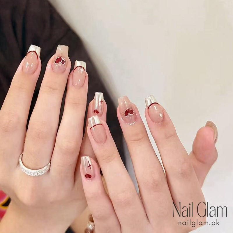 French Red Heart Press-On Nails (24Pcs) - Nail Kit Included