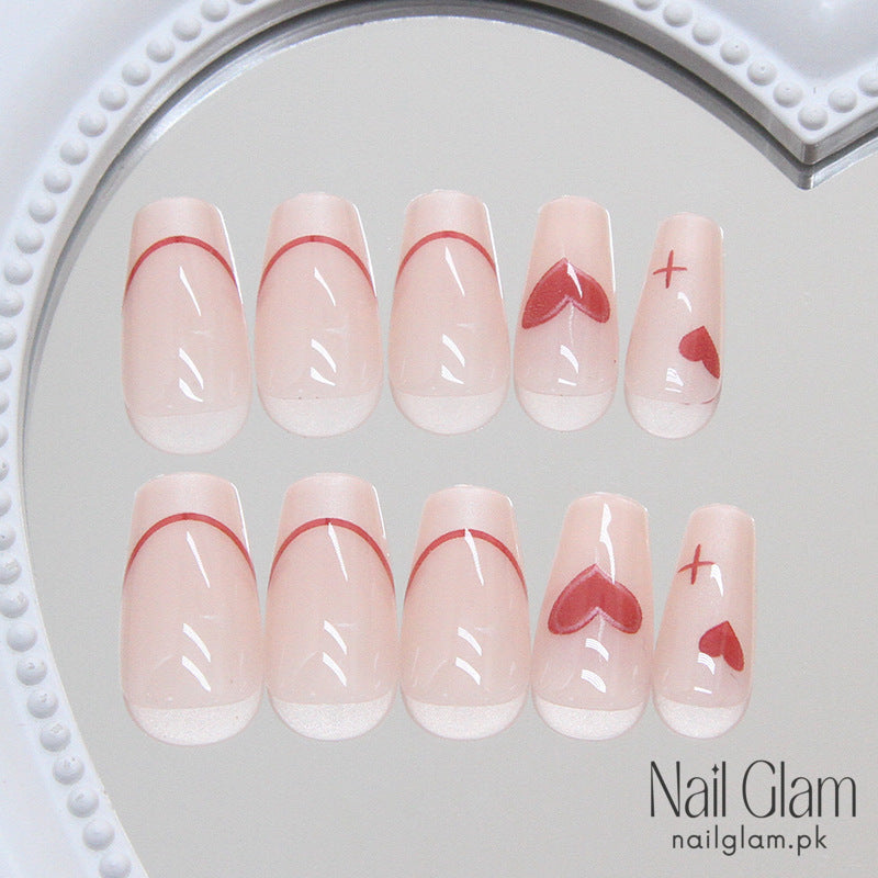 French Red Heart Press-On Nails (24Pcs) - Nail Kit Included