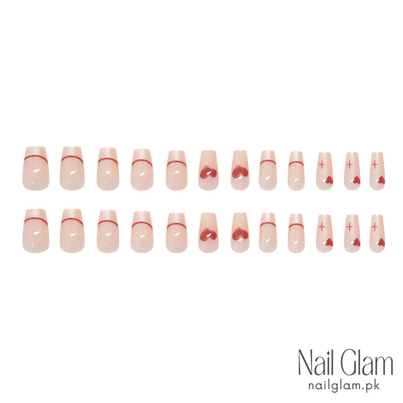 French Red Heart Press-On Nails (24Pcs) - Nail Kit Included