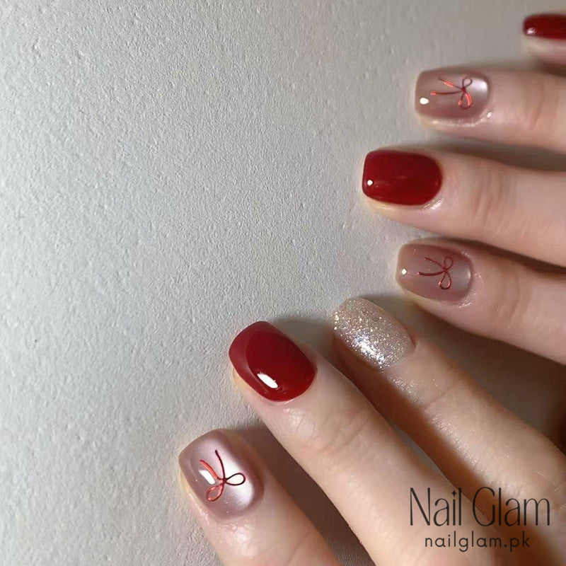 Nail Glam 107 - Red Bow Press-On Nails(24 Pcs) – Nail Kit Included
