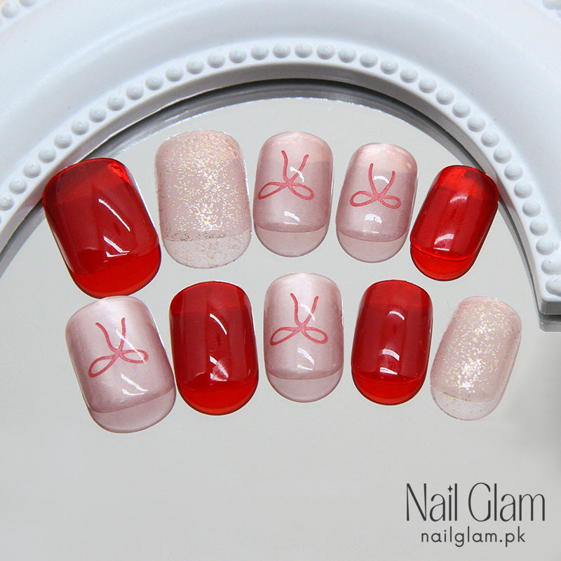 Nail Glam 107 - Red Bow Press-On Nails(24 Pcs) – Nail Kit Included