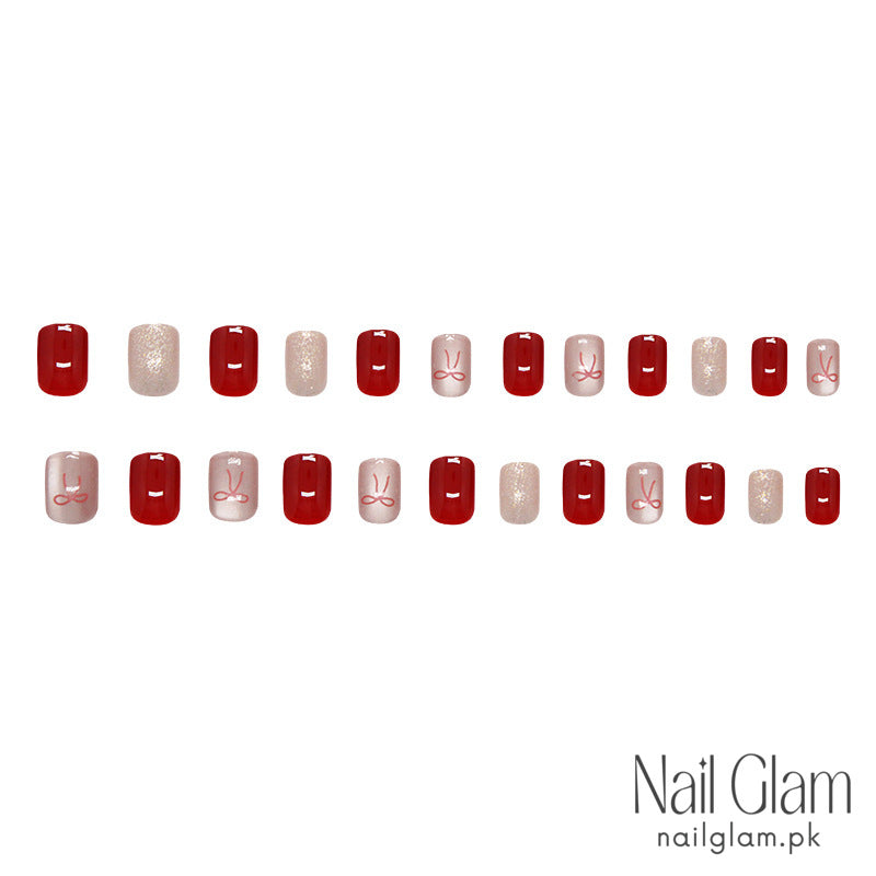 Nail Glam 107 - Red Bow Press-On Nails(24 Pcs) – Nail Kit Included