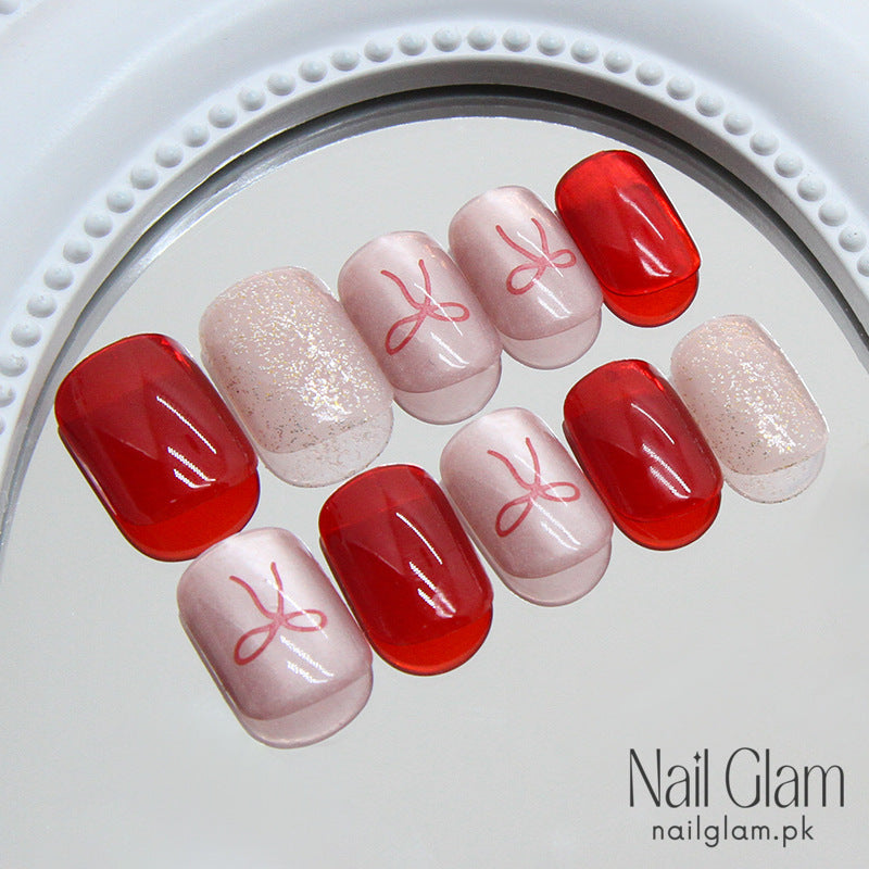 Nail Glam 107 - Red Bow Press-On Nails(24 Pcs) – Nail Kit Included