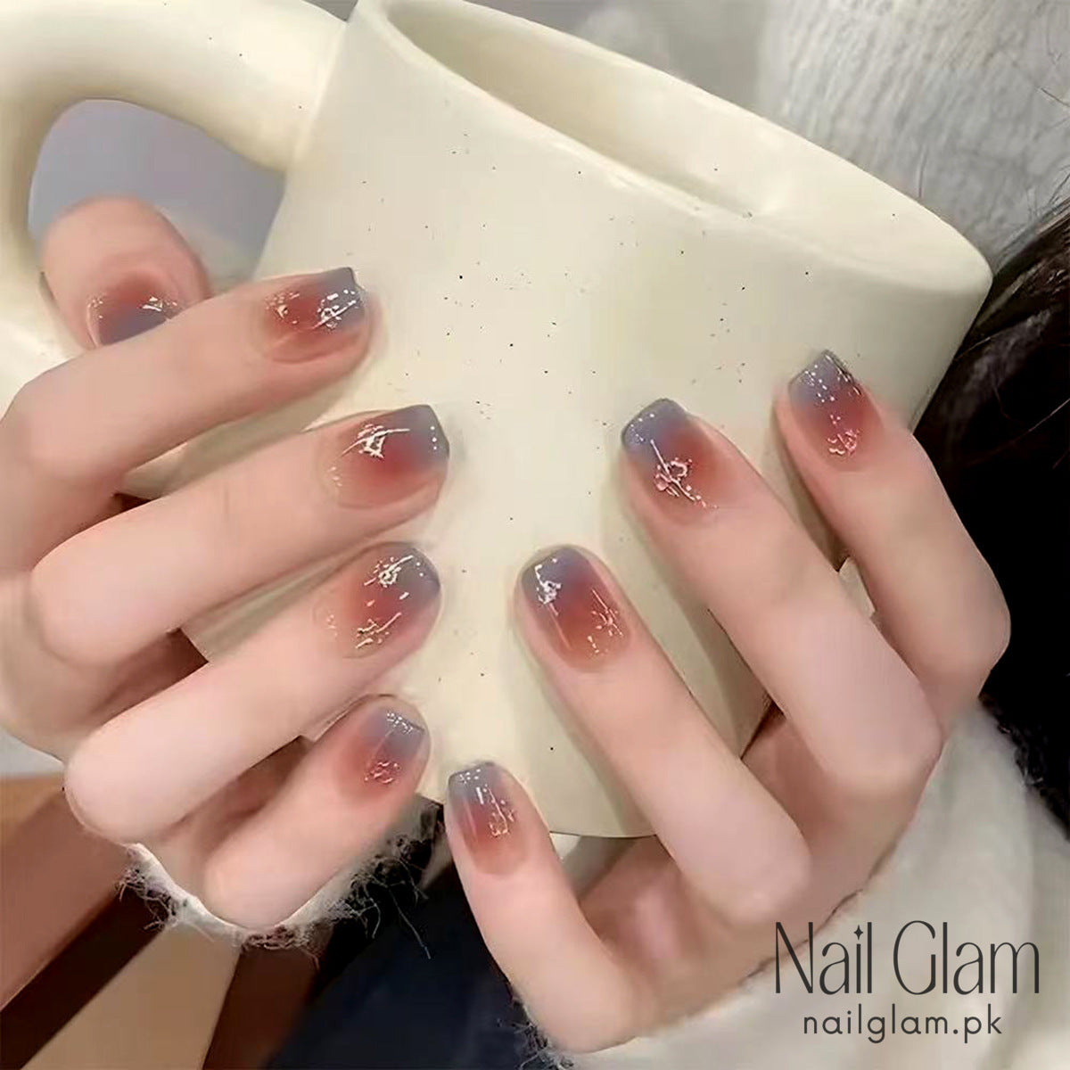 Nail Glam 108 - Haze Blue & Red Brown Press-On Nails (24Pcs) - Nail Kit Included