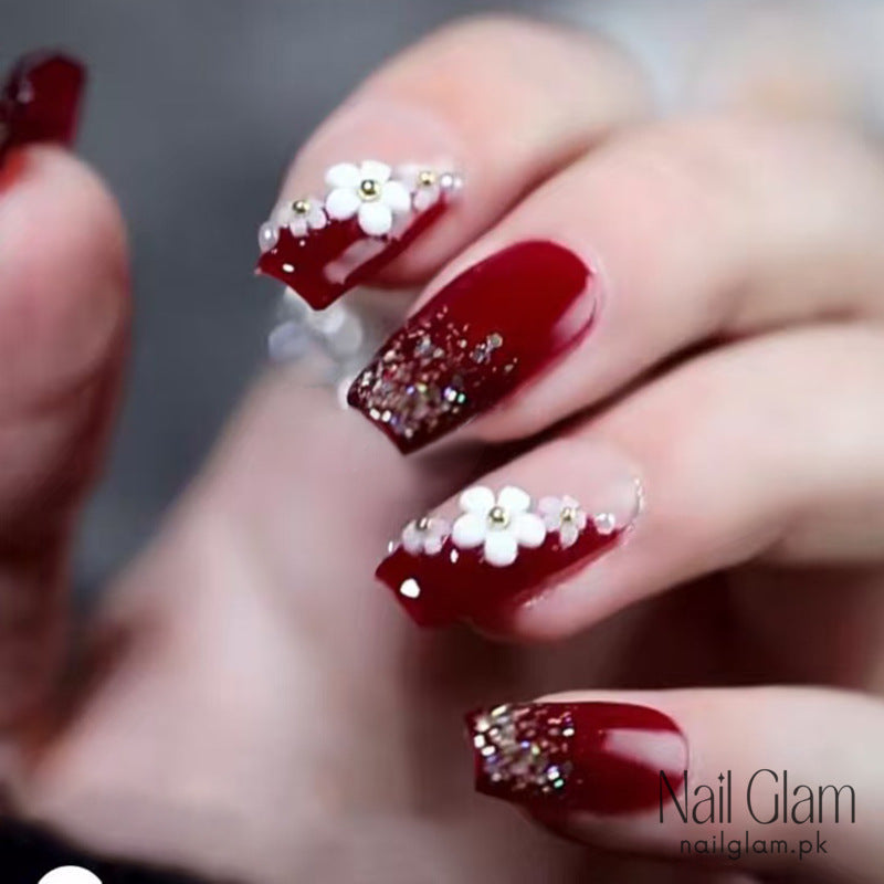 Red Floral Press-On Nails (24Pcs) - Nail Kit Included