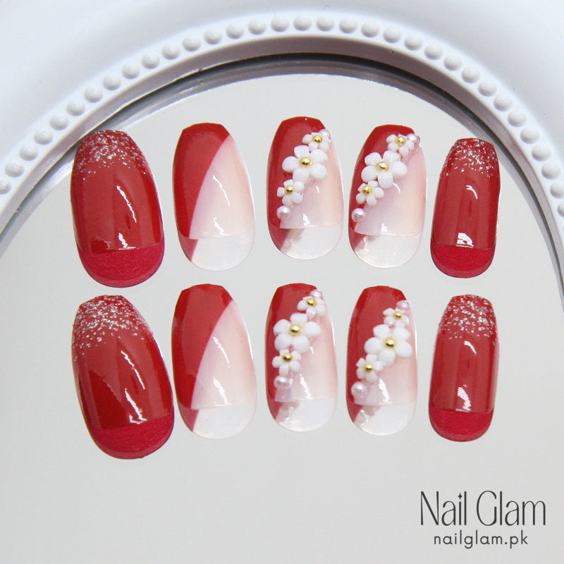 Red Floral Press-On Nails (24Pcs) - Nail Kit Included