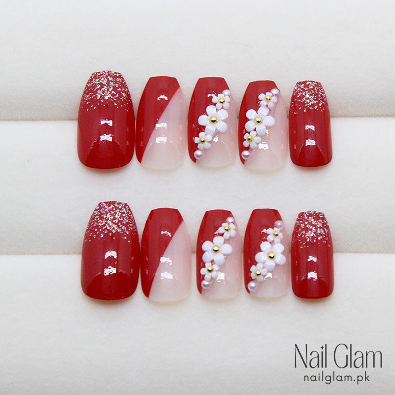 Red Floral Press-On Nails (24Pcs) - Nail Kit Included