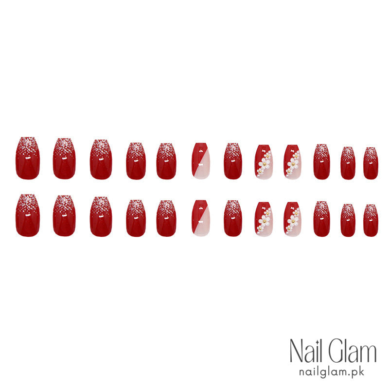 Red Floral Press-On Nails (24Pcs) - Nail Kit Included