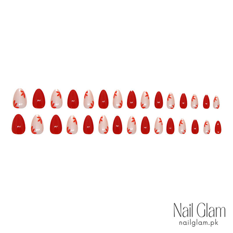 Red & White Floral (24 Pcs) - Nail Kit Included
