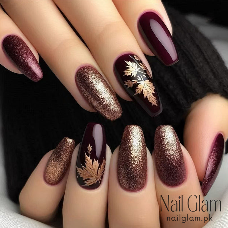 Maple Leaf Press-On Nails (24 Pcs) - Nail Kit Included