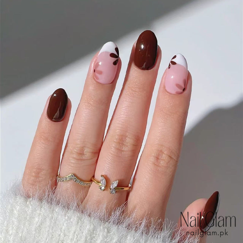 Rich Brown & Soft Pink Base (24Pcs) - Nail Kit Included