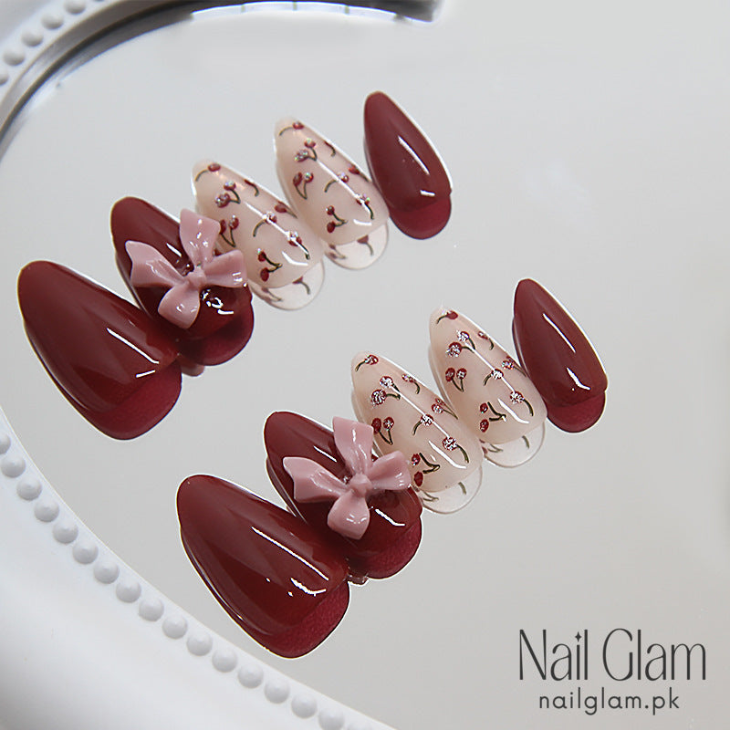 Floral & Bow Accents Press-On Nails (24Pcs) - Nail Kit Included