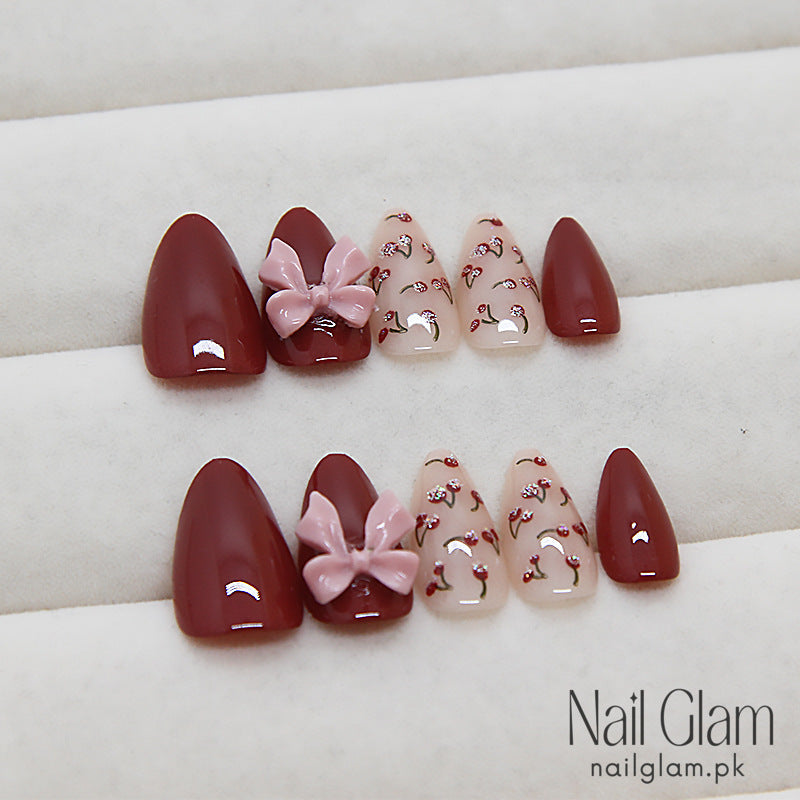 Floral & Bow Accents Press-On Nails (24Pcs) - Nail Kit Included