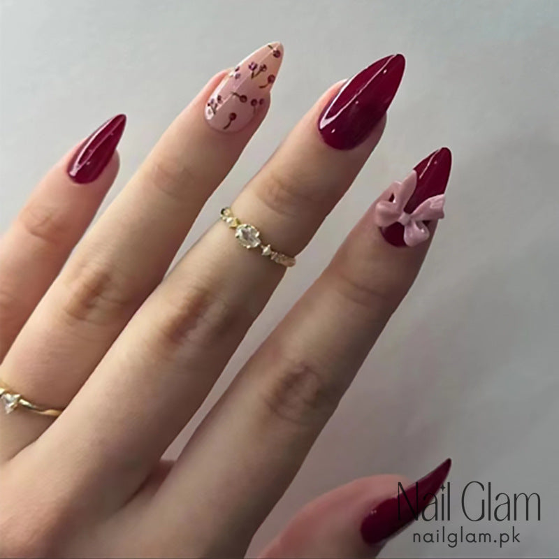 Floral & Bow Accents Press-On Nails (24Pcs) - Nail Kit Included