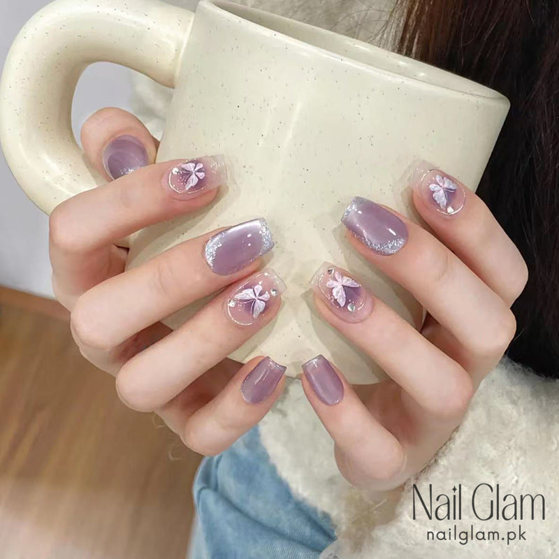 Purple Butterfly Press-On Nails (24Pcs) - Nail Kit Included