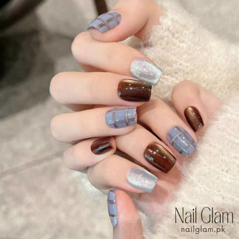 Ice Blue Brown Grid (24Pcs) - Nail Kit Included