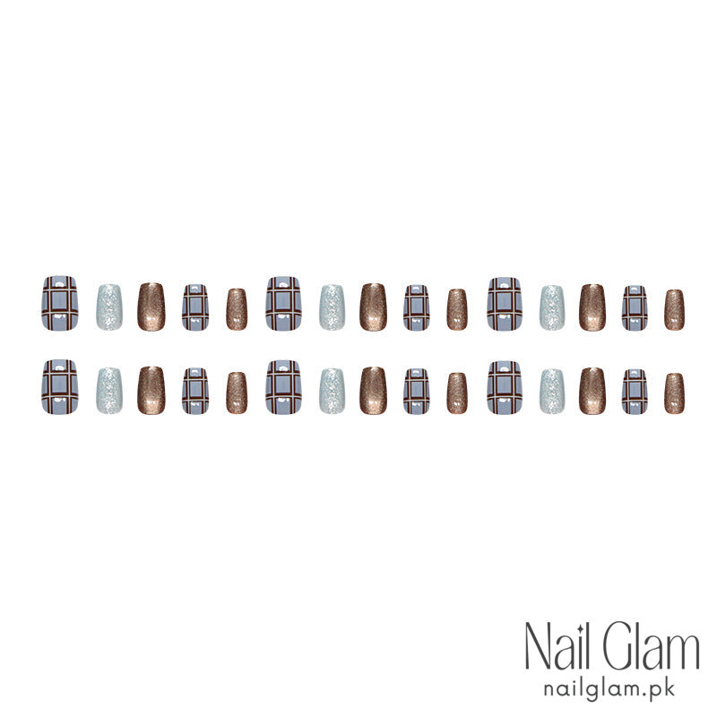 Ice Blue Brown Grid (24Pcs) - Nail Kit Included