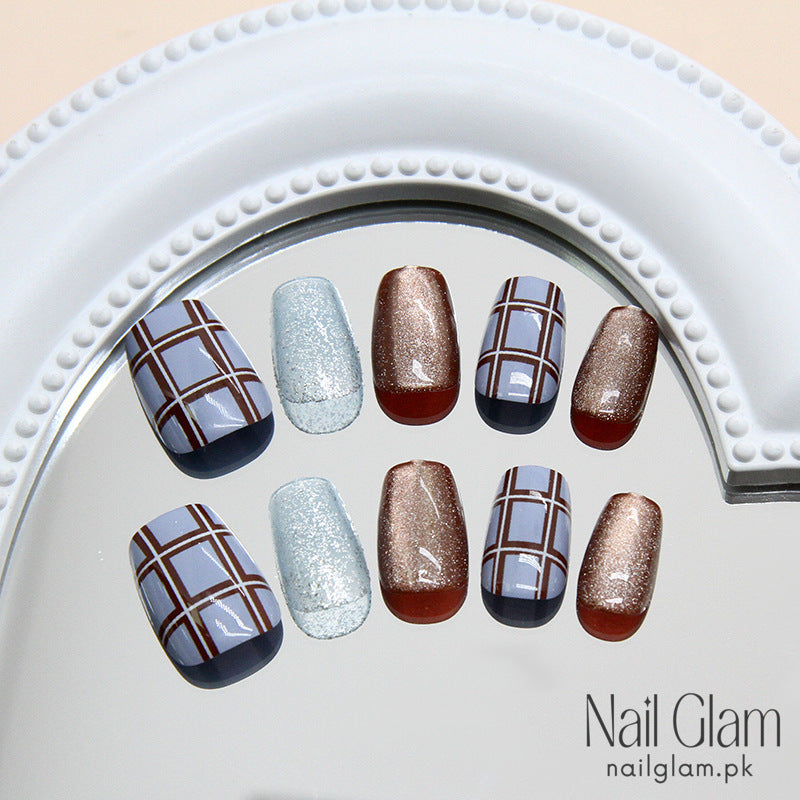 Ice Blue Brown Grid (24Pcs) - Nail Kit Included