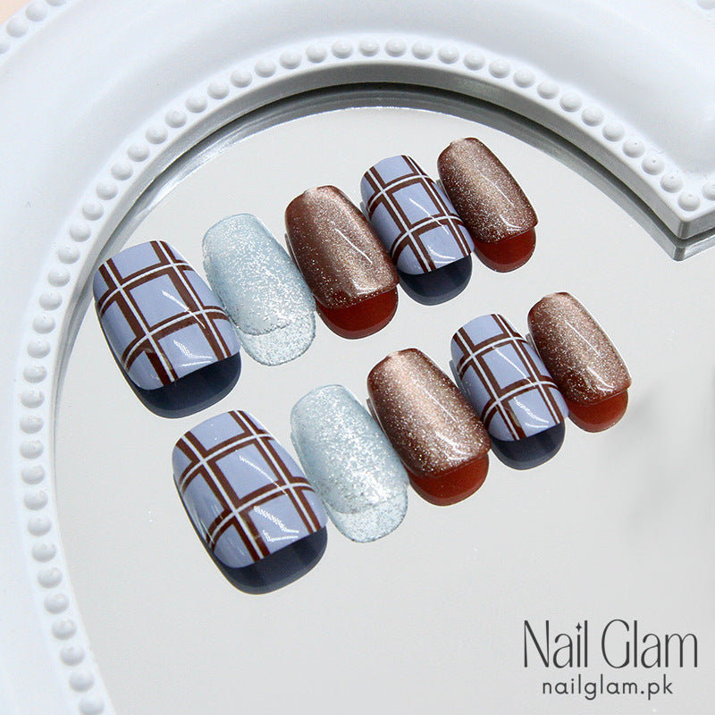 Ice Blue Brown Grid (24Pcs) - Nail Kit Included