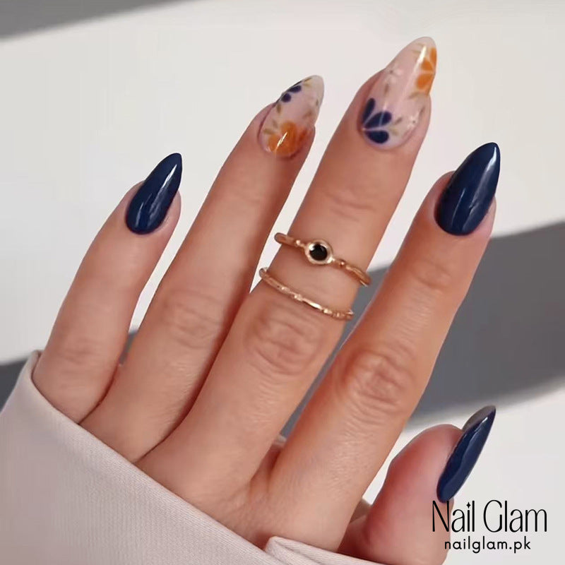 Navy & Floral Fantasy (24Pcs) - Nail Kit Included