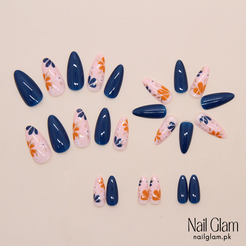 Navy & Floral Fantasy (24Pcs) - Nail Kit Included