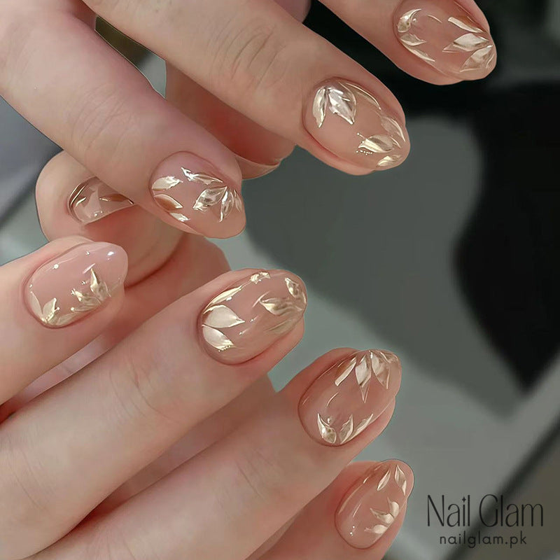 Nail Glam 216 - Golden Leaf Whispers (24Pcs) - Nail Kit Included
