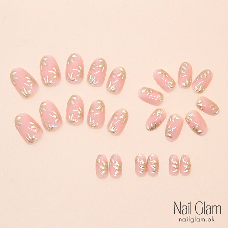 Nail Glam 216 - Golden Leaf Whispers (24Pcs) - Nail Kit Included