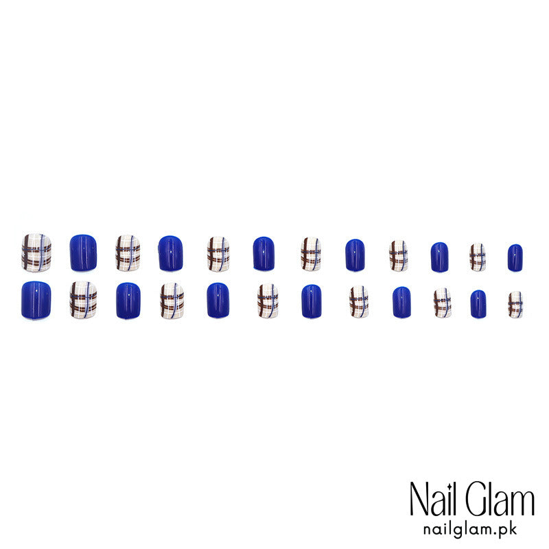 Royal Blue Plaid Press-On Nails (24Pcs) - Application Kit Included