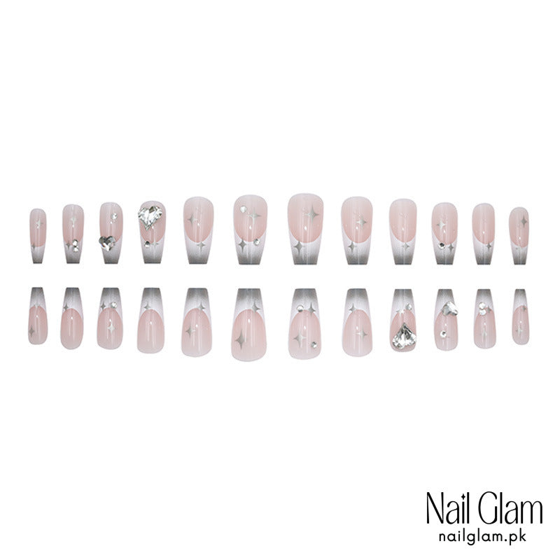 Nail Glam 404 - Silver Echo (24Pcs) - Application Kit Included