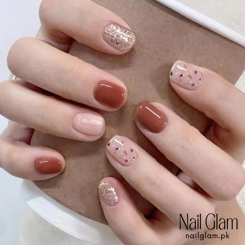 Nail Glam 412 - Mocha Gold Sprinkle (24Pcs) - Application Kit Included
