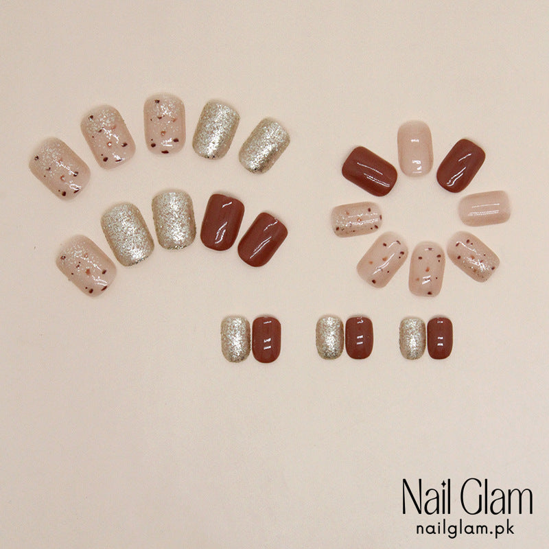 Nail Glam 412 - Mocha Gold Sprinkle (24Pcs) - Application Kit Included