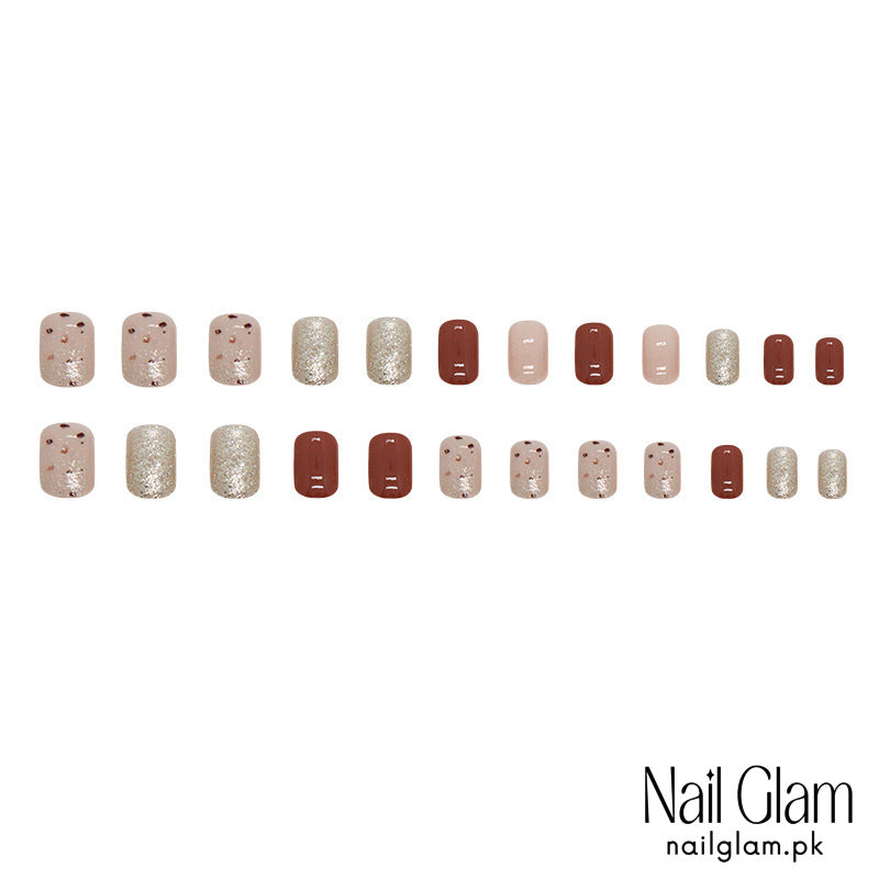 Nail Glam 412 - Mocha Gold Sprinkle (24Pcs) - Application Kit Included