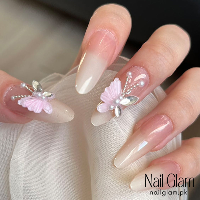 Nail Glam 431 - Butterfly with Delicate 3D Adornments (30Pcs) - Application Kit Included