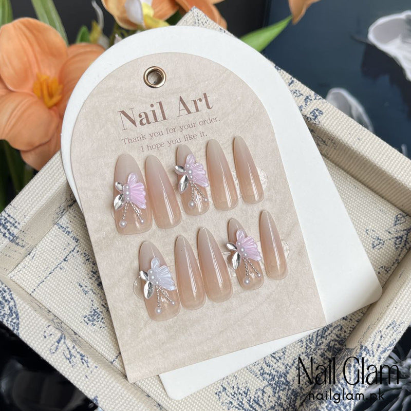 Nail Glam 431 - Butterfly with Delicate 3D Adornments (30Pcs) - Application Kit Included