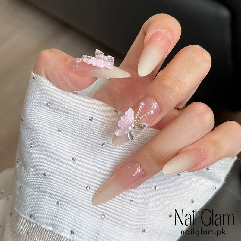 Nail Glam 431 - Butterfly with Delicate 3D Adornments (30Pcs) - Application Kit Included