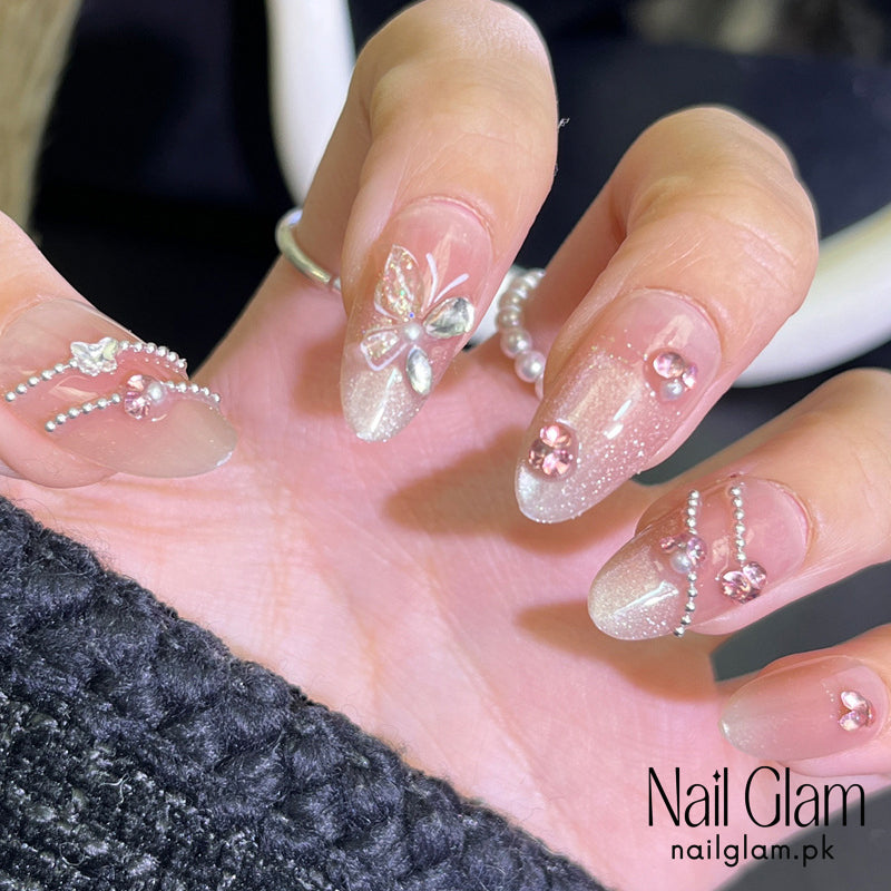 Nail Glam 444 - Delicate Floral Design (30Pcs) - Application Kit Included