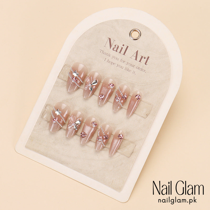 Nail Glam 444 - Delicate Floral Design (30Pcs) - Application Kit Included