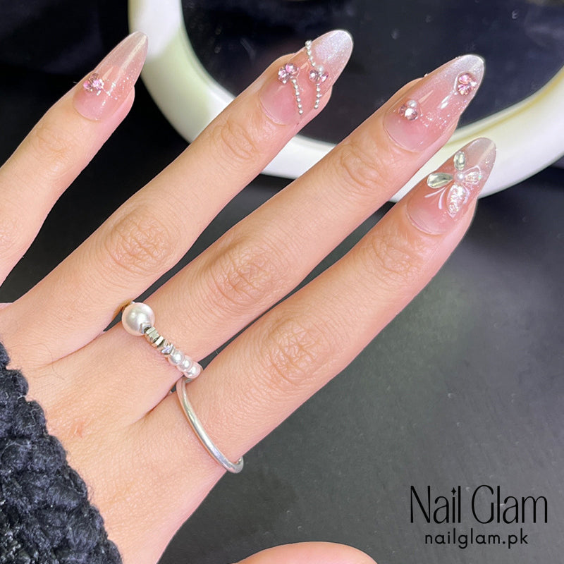Nail Glam 444 - Delicate Floral Design (30Pcs) - Application Kit Included
