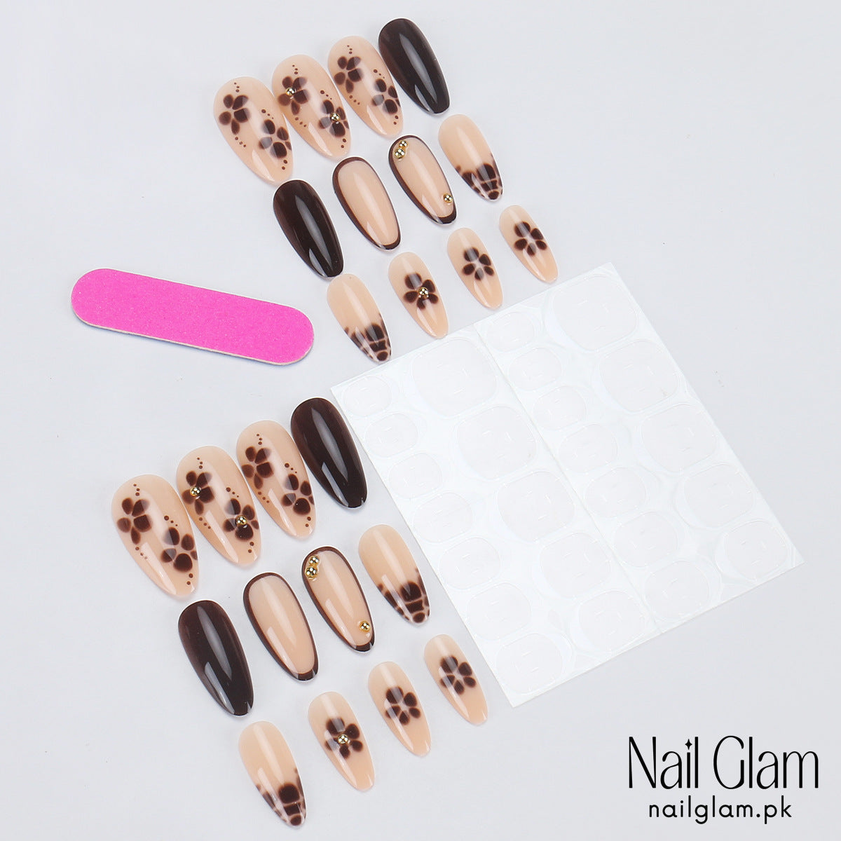 Nail Glam 462 - Mocha Mosaic (24Pcs) - Application Kit Included