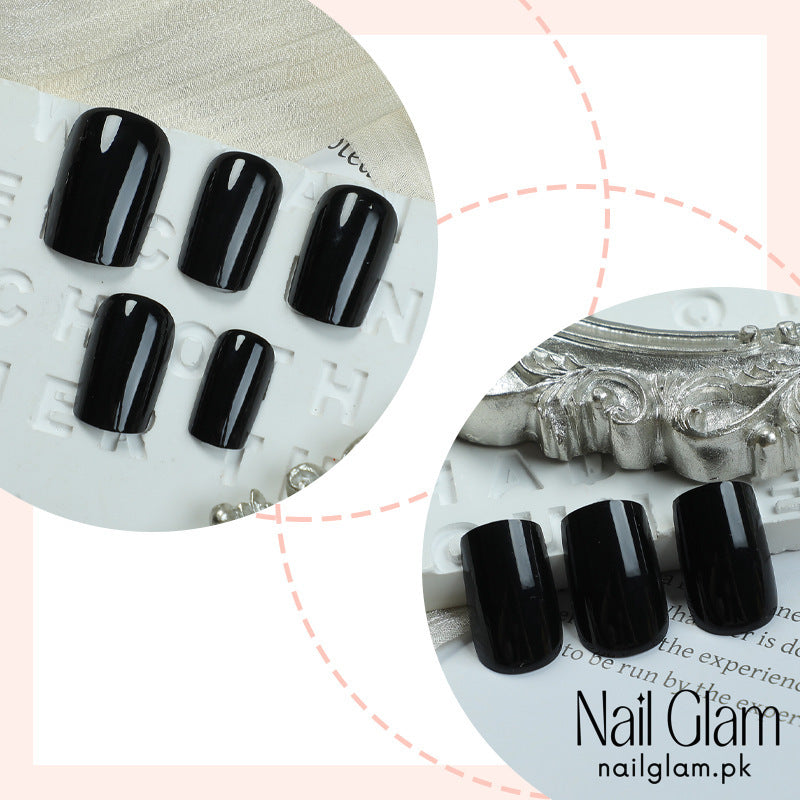 Nail Glam 472 - Classic Black Shine (24Pcs) - Application Kit Included