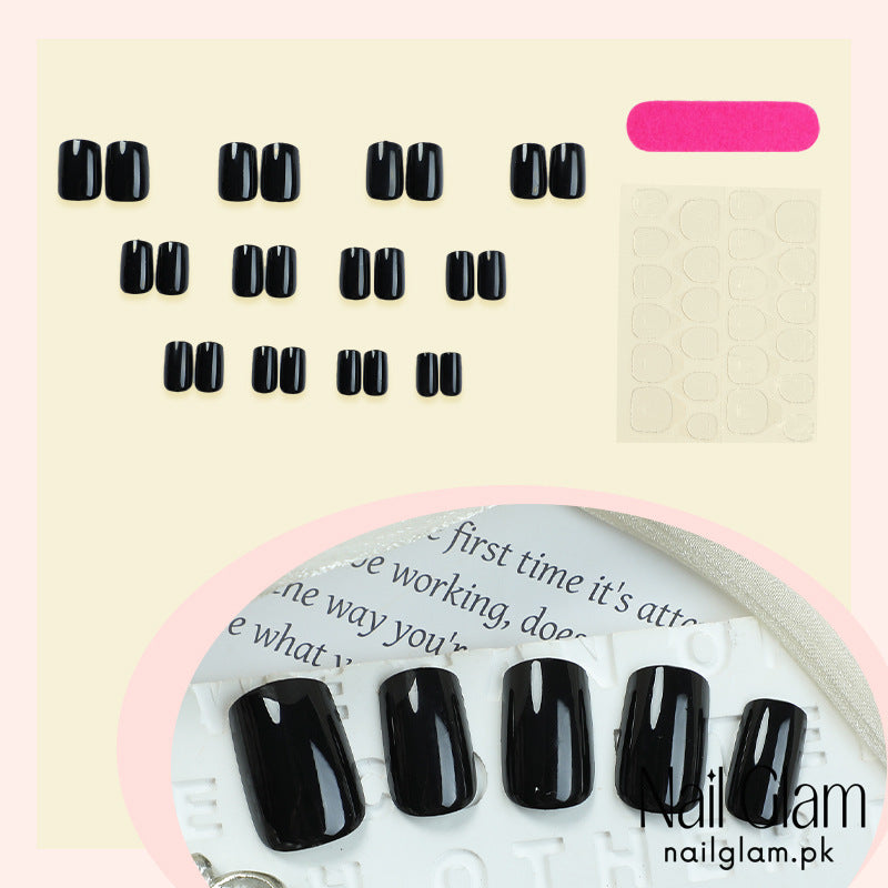 Nail Glam 472 - Classic Black Shine (24Pcs) - Application Kit Included