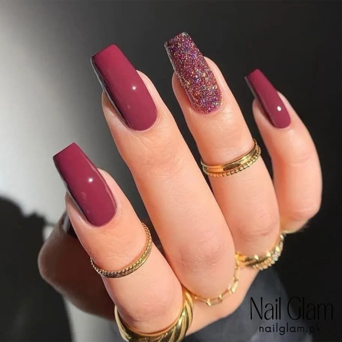Nail Glam 477 - Ruby Red Sparkling Glitter (24Pcs) - Application Kit Included