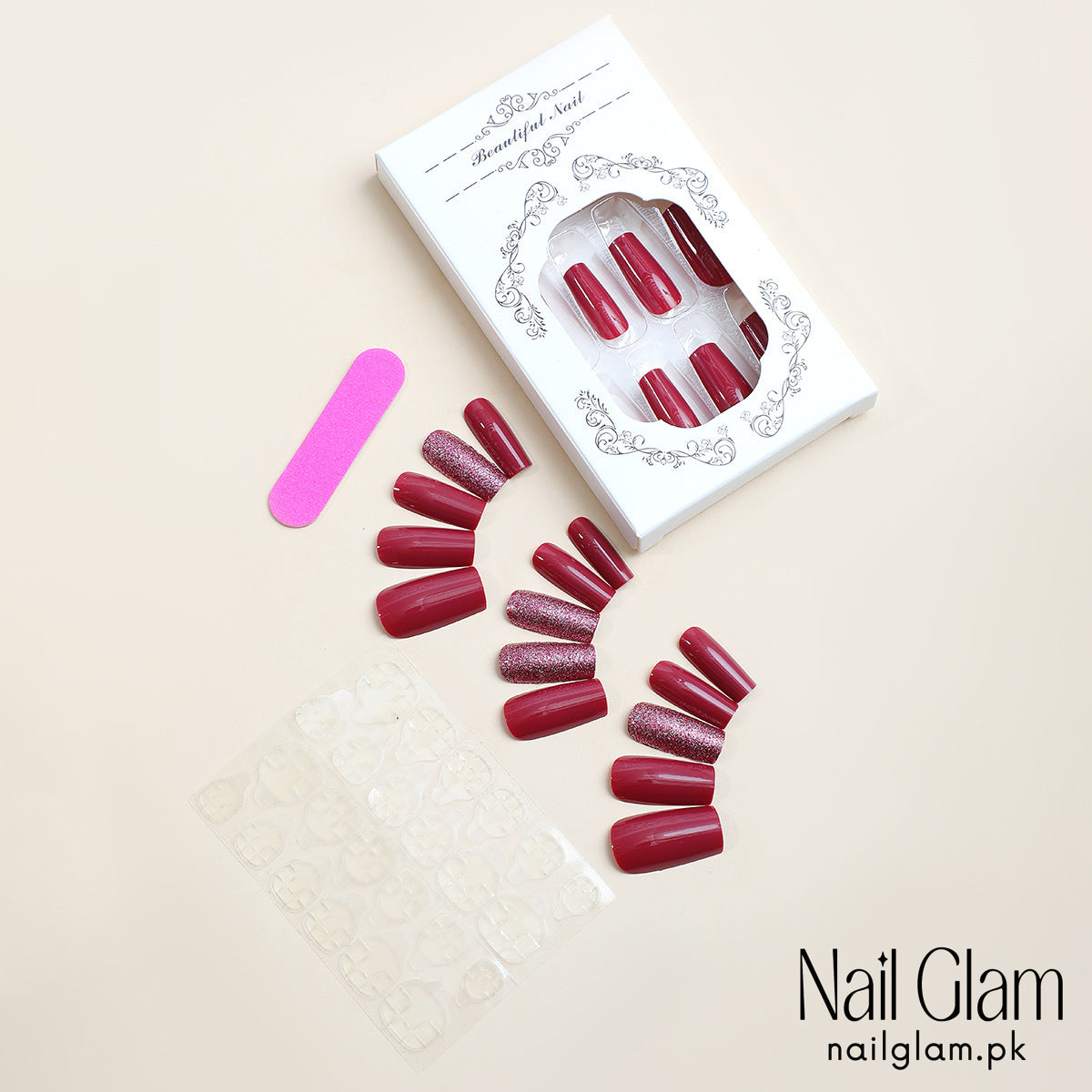 Nail Glam 477 - Ruby Red Sparkling Glitter (24Pcs) - Application Kit Included