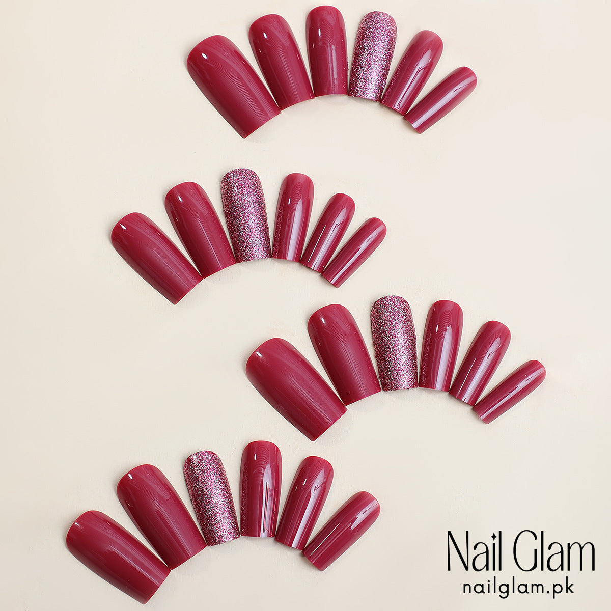 Nail Glam 477 - Ruby Red Sparkling Glitter (24Pcs) - Application Kit Included